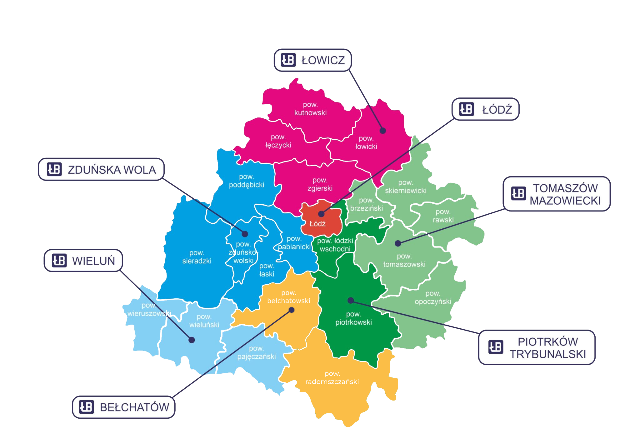 Mapka województwa łódzkiego z podziałem regionalnym na biura doradców Łódzkie dla Biznesu.