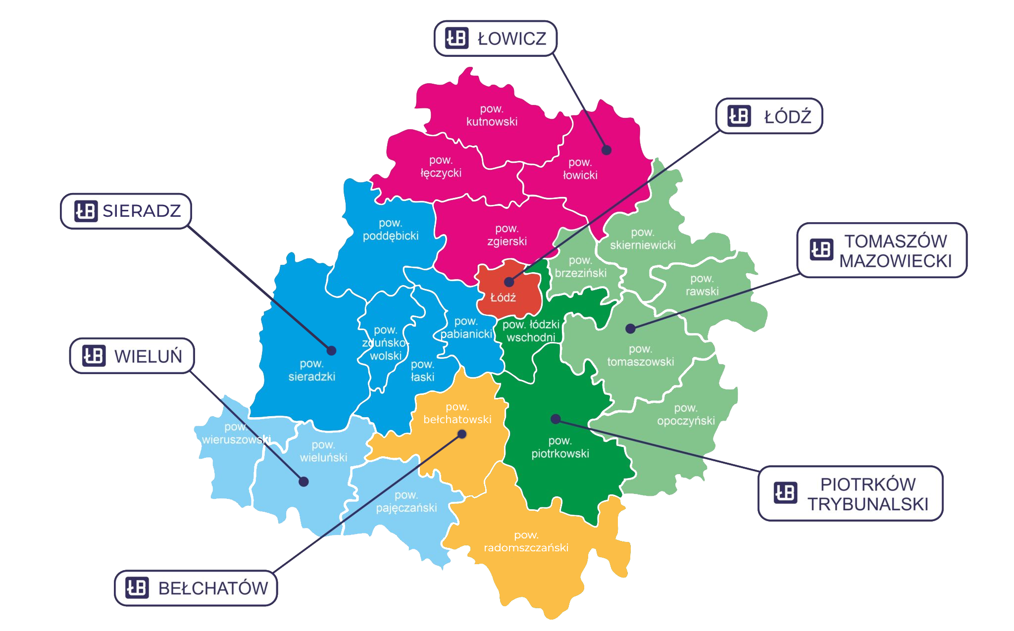 Mapka województwa łódzkiego z podziałem regionalnym na biura doradców Łódzkie dla Biznesu.